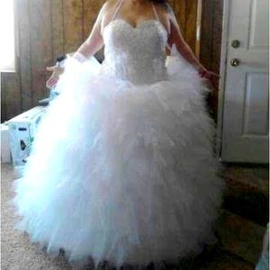 Wedding gown, satin and tulle, halter strap, size 18